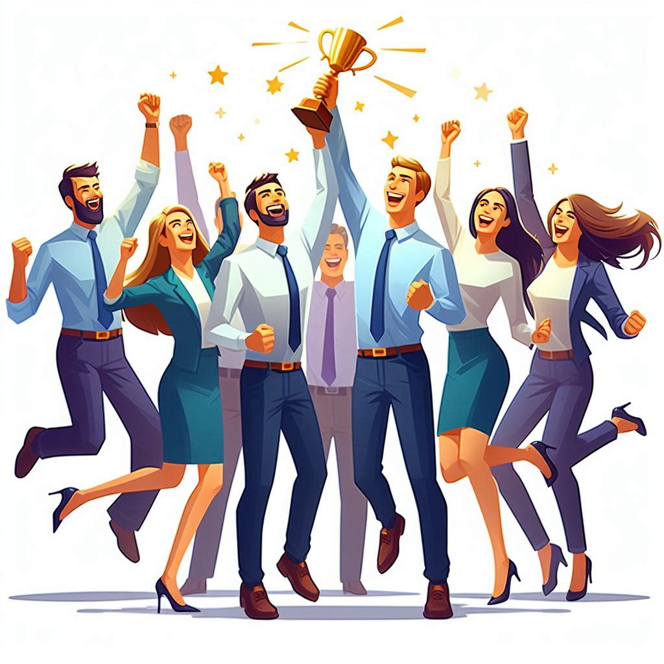 group of happy, engaged employees celebrating success